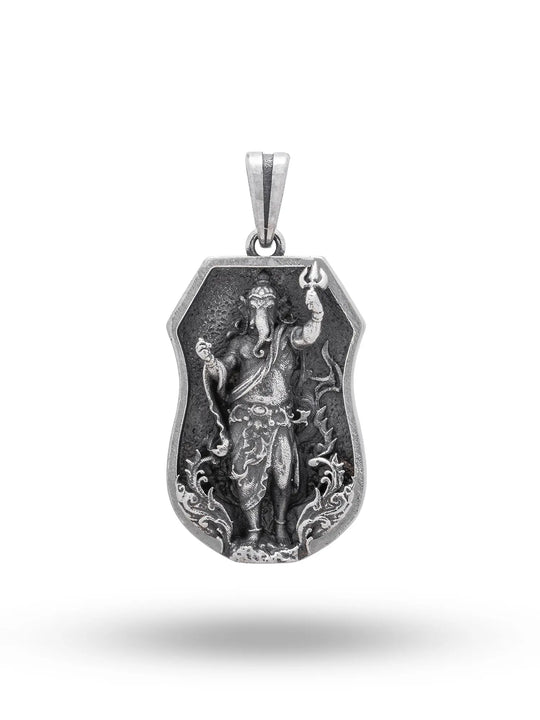 Ganesha and Trishul Antique Finish Sterling Silver Pendant