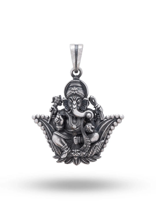 Lotus Ganesha Antique Finish Sterling Silver Pendant