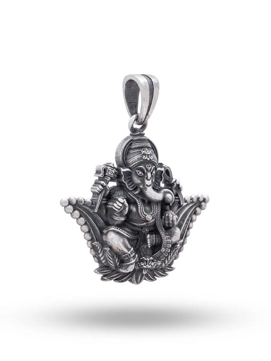 Lotus Ganesha Antique Finish Sterling Silver Pendant