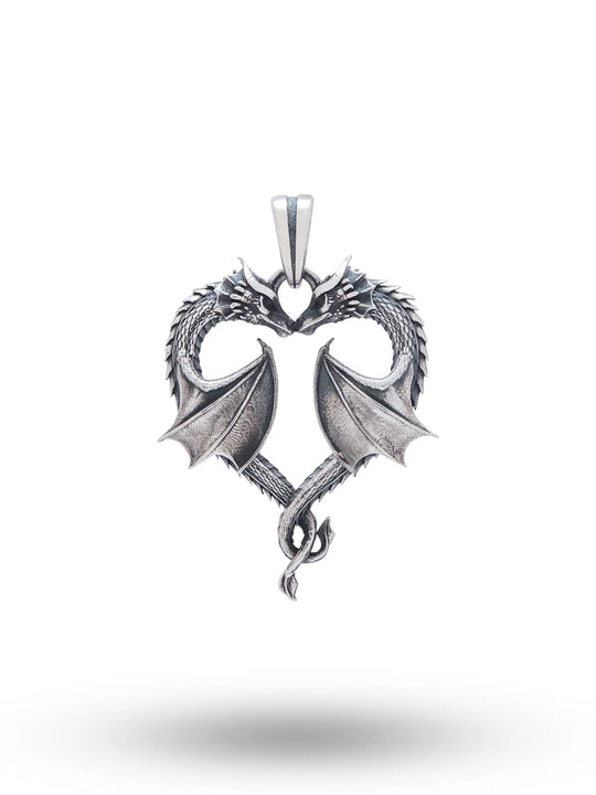 Double Dragon Heart Antique Finish Sterling Silver Pendant