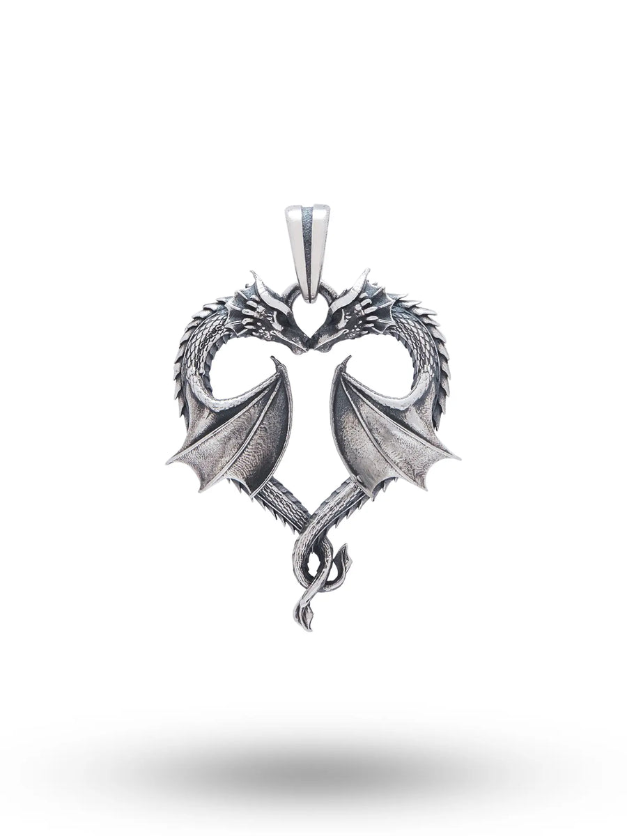 Double Dragon Heart Antique Finish Sterling Silver Pendant