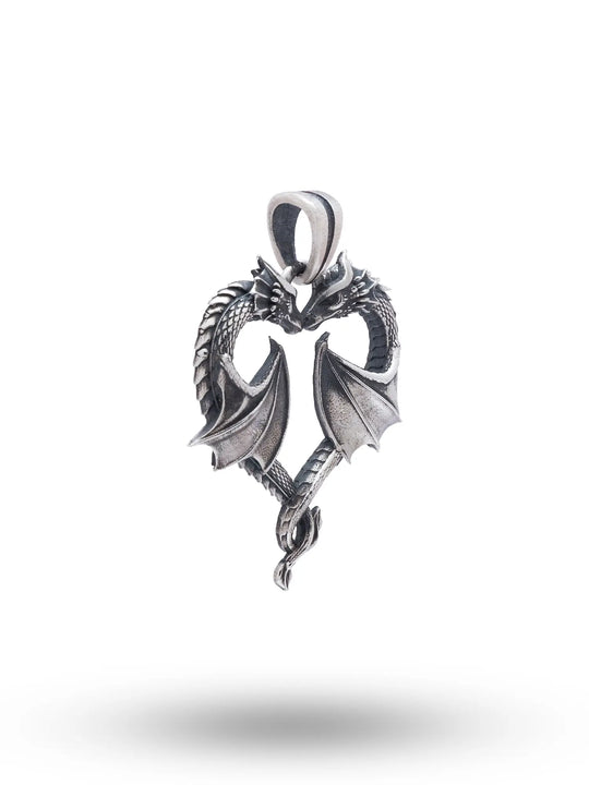 Double Dragon Heart Antique Finish Sterling Silver Pendant