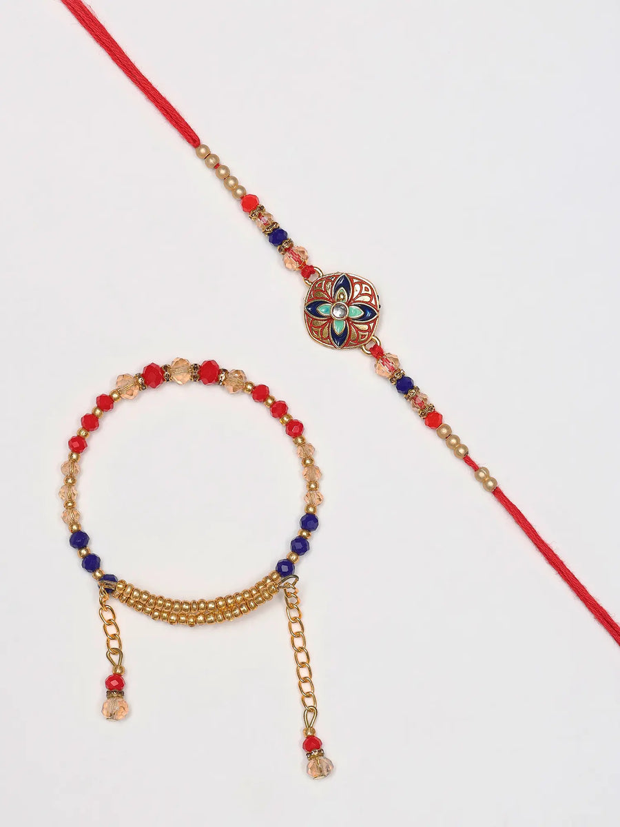 Floral Beaded Thread and Metal Rakhi Bracelet