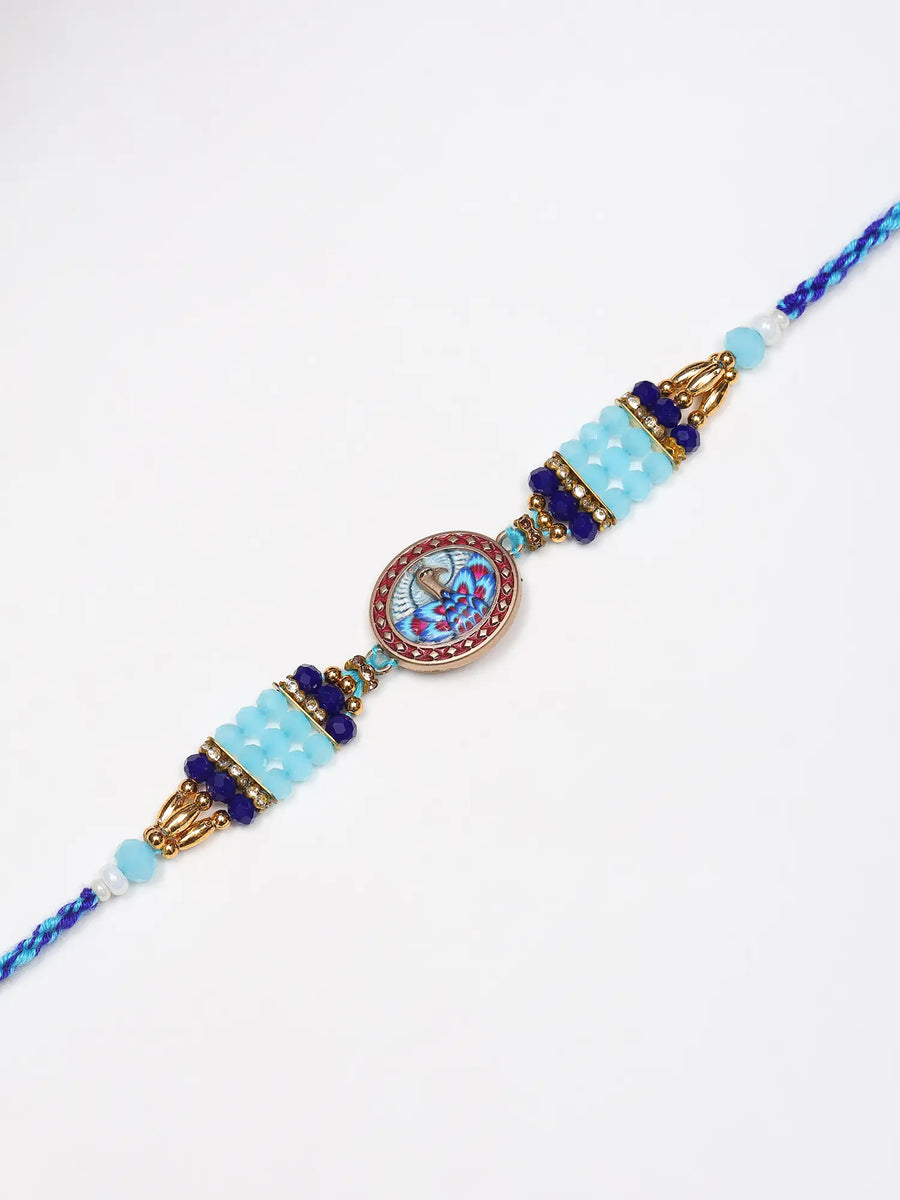 Meenakari Peacock Blue Beaded Thread and Metal Rakhi Bracelet