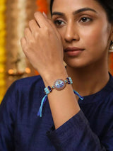 Meenakari Peacock Blue Beaded Thread and Metal Rakhi Bracelet