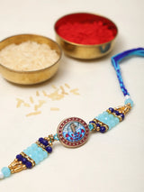 Meenakari Peacock Blue Beaded Thread and Metal Rakhi Bracelet