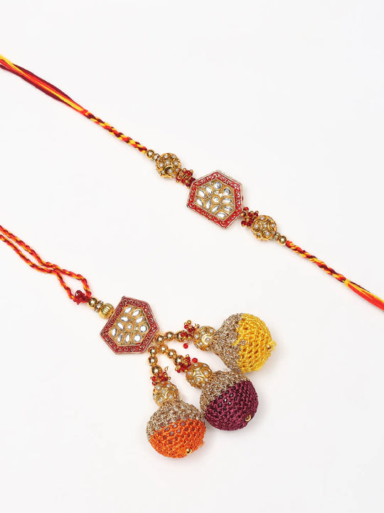 Kundan Studded Metal and Thread Rakhi Bracelet with Latkan