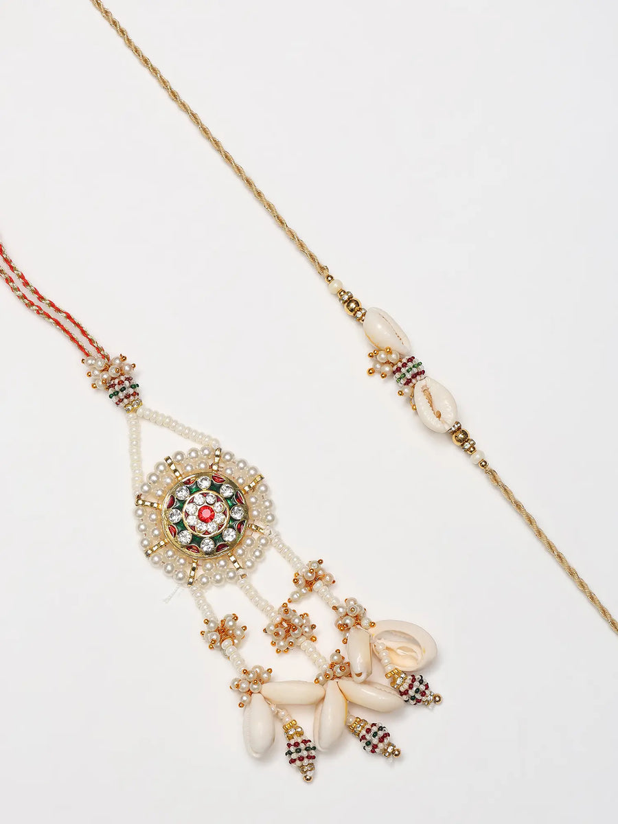 Shell and White Pearl Beaded Bhaiya Bhabhi Rakhi Bracelet