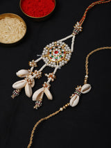 Shell and White Pearl Beaded Bhaiya Bhabhi Rakhi Bracelet