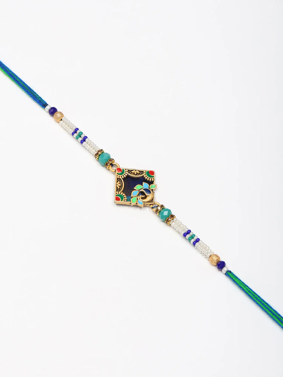 Meenakari Peacock Beaded Thread and Metal Rakhi Bracelet