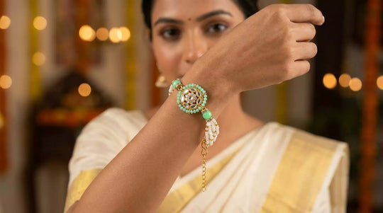 Green and White Beaded Adjustable Bracelet Rakhi