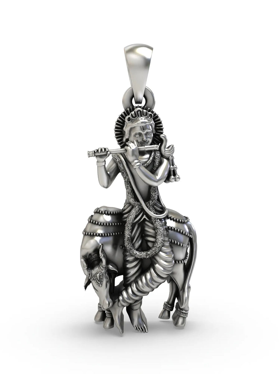 Krishna Playing Flute with Cow Sterling Silver Pendant