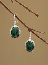 Oval Malachite Sterling Silver Hook Earrings