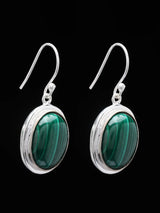 Oval Malachite Sterling Silver Hook Earrings