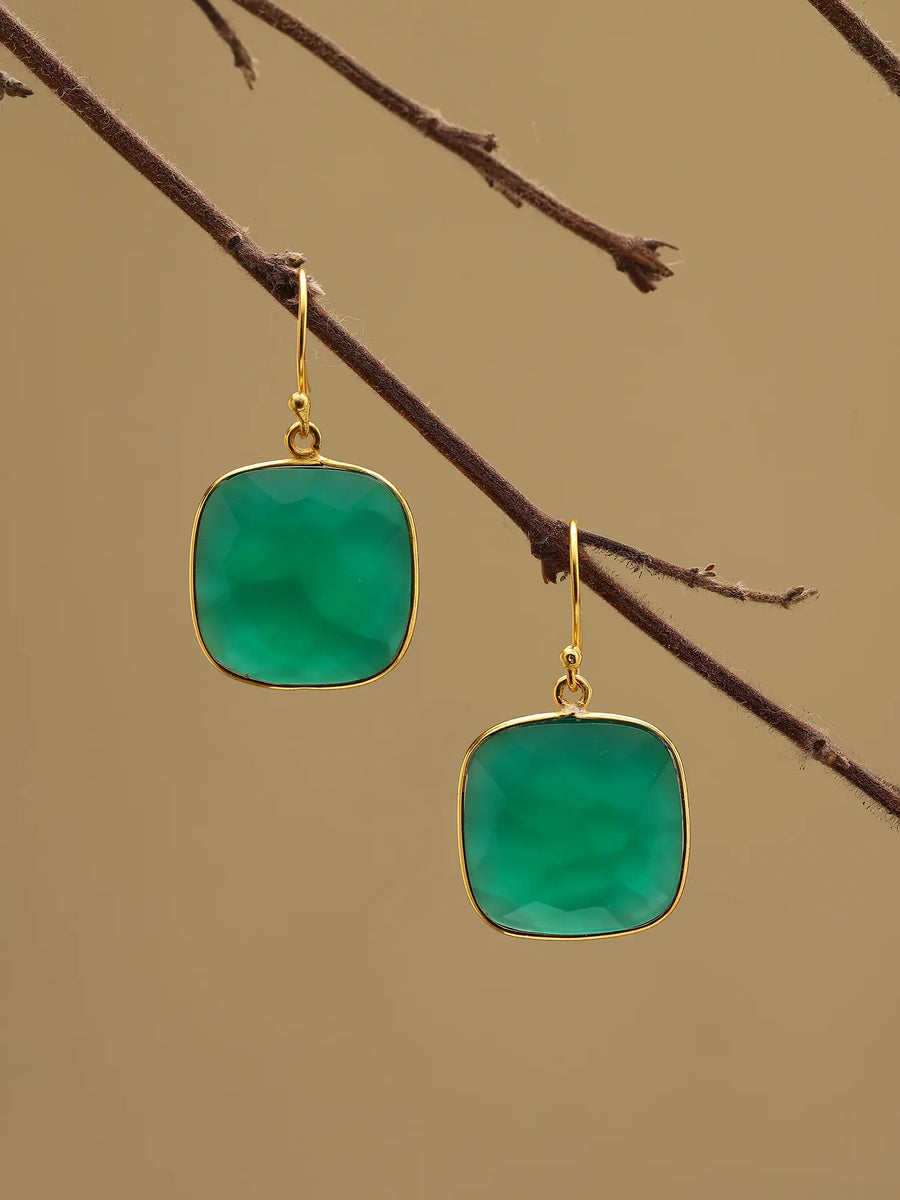 Cushion Cut Green Onyx Gold Plated Sterling Silver Earrings