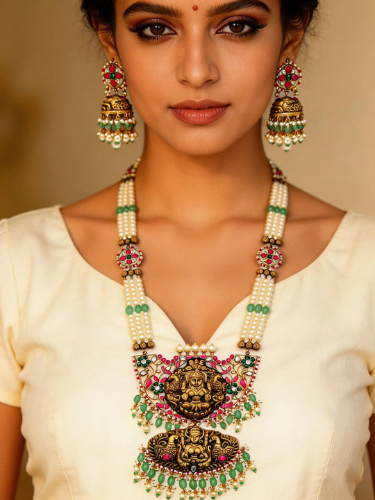 Goddess Lakshmi Pearl Triple Strand Necklace and Earrings Set