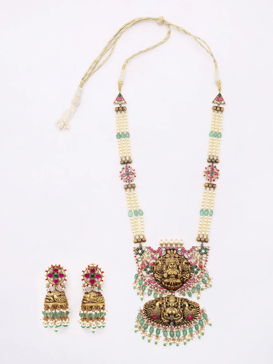 Goddess Lakshmi Pearl Triple Strand Necklace and Earrings Set