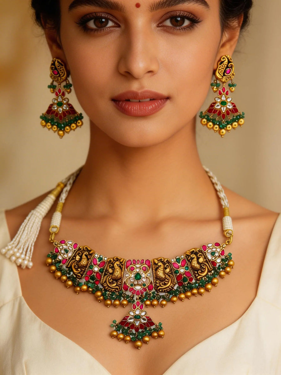 Kundan Studded Sterling Silver Choker Necklace and Earring Set