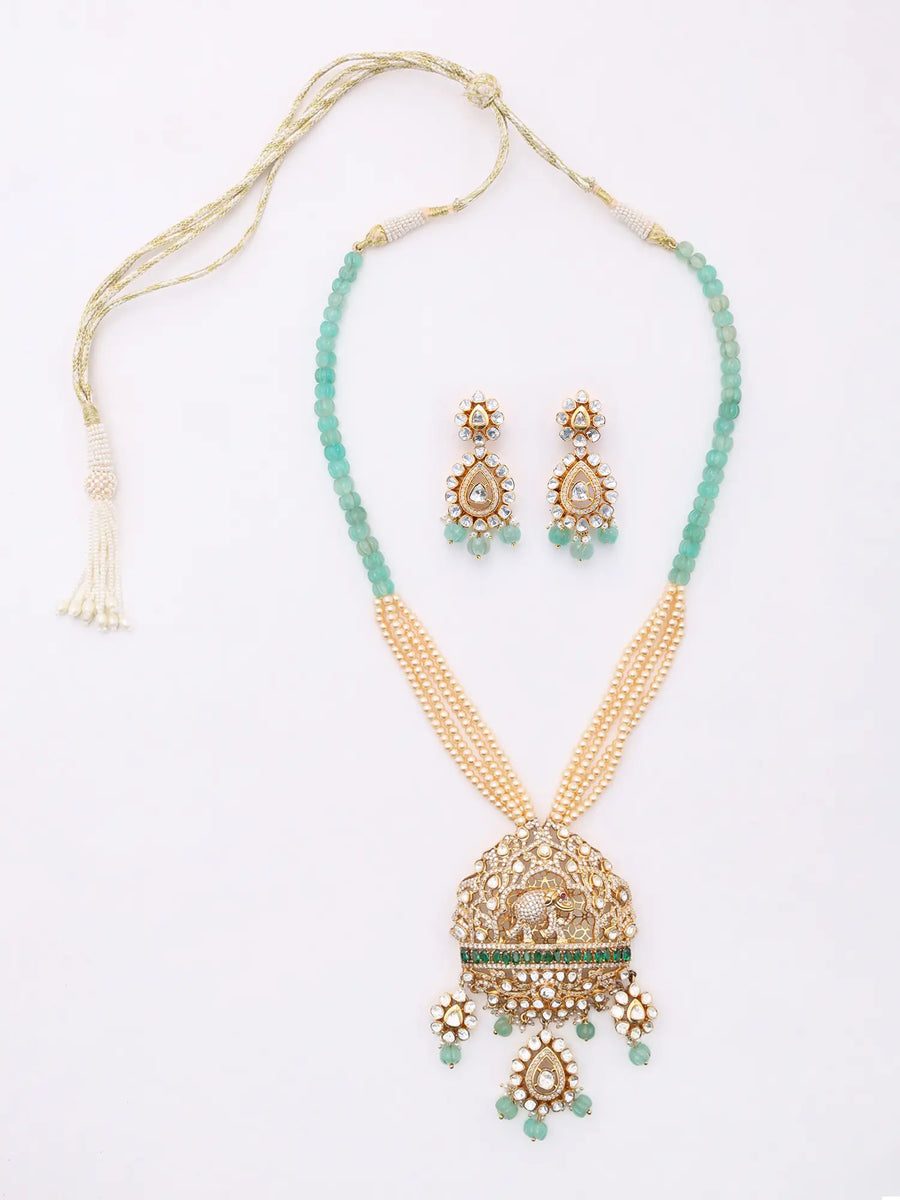 Polki Diamond and Kundan Sterling Silver Necklace and Earrings Set