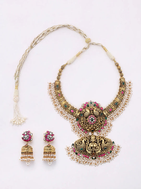 Goddess Lakshmi Temple Silver Necklace and Earrings Set