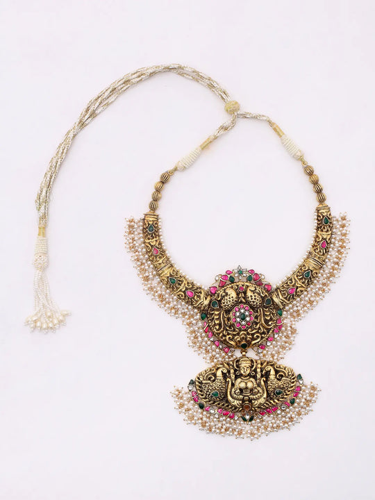 Goddess Lakshmi Temple Silver Necklace and Earrings Set