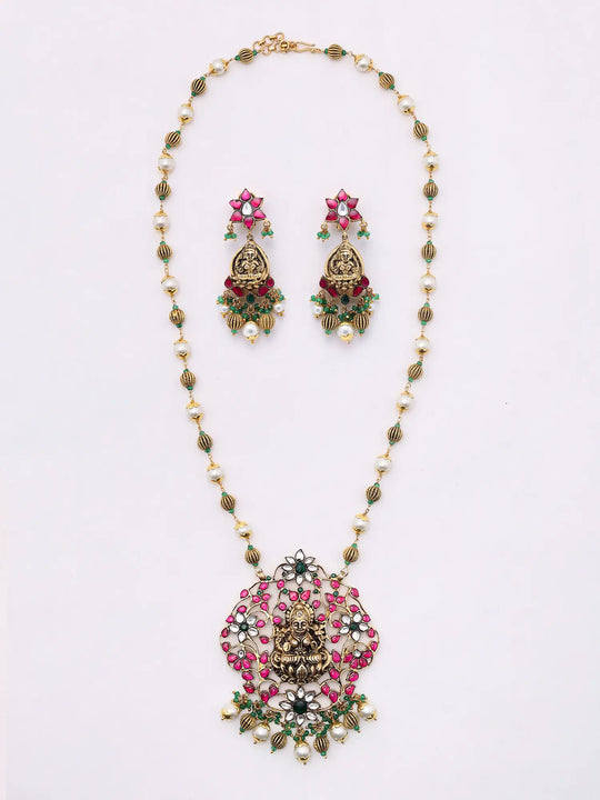 Goddess Lakshmi Flower Vine Temple Silver Necklace and Earrings Set