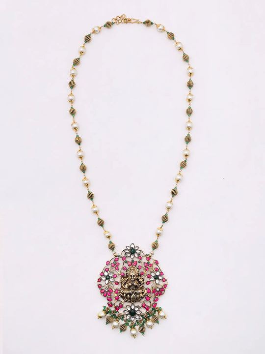 Goddess Lakshmi Flower Vine Temple Silver Necklace and Earrings Set