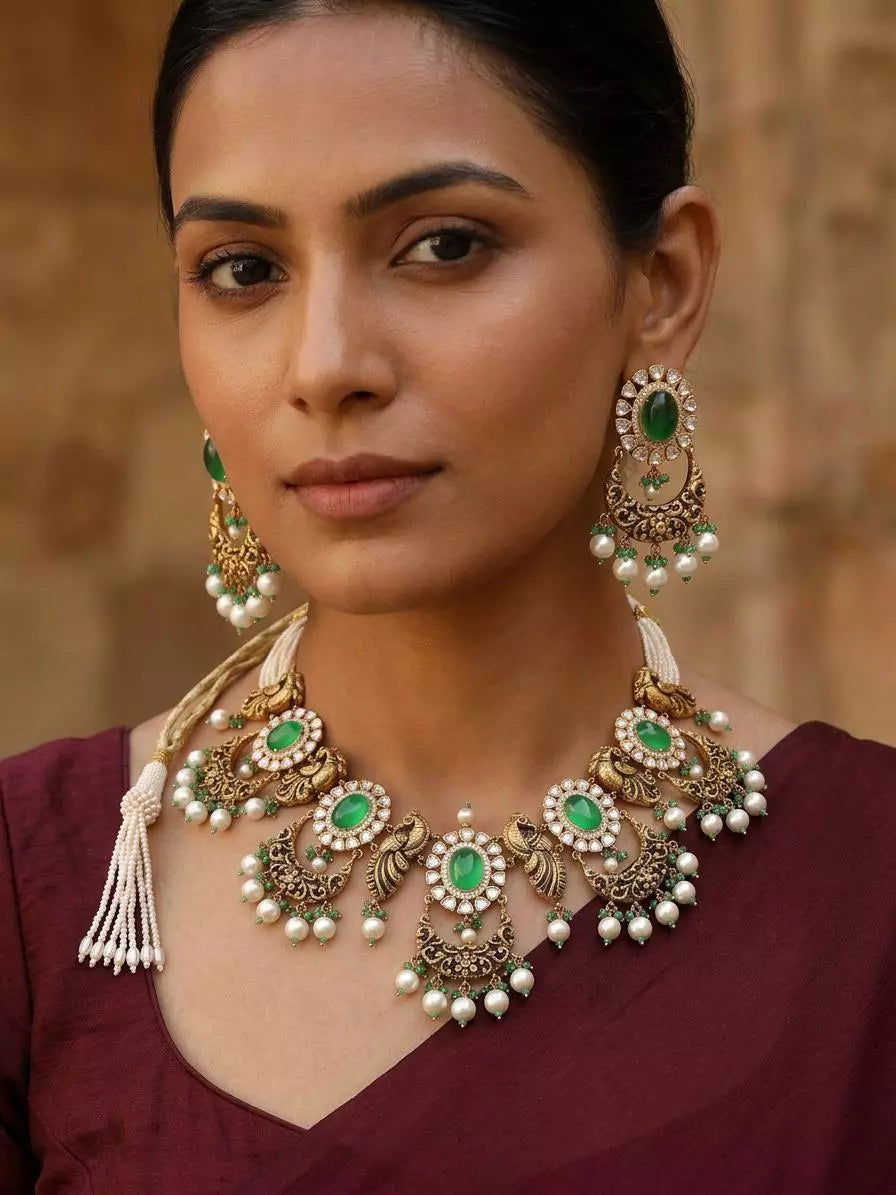 Polki Diamond Peacock Sterling Silver Necklace Set with Earrings