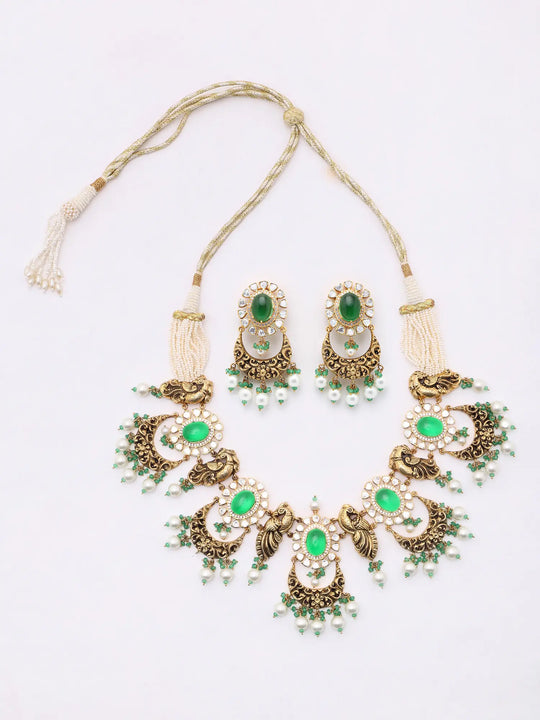 Polki Diamond Peacock Sterling Silver Necklace Set with Earrings