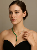 Emerald Green and White Moissanite Silver Lariat Necklace Set