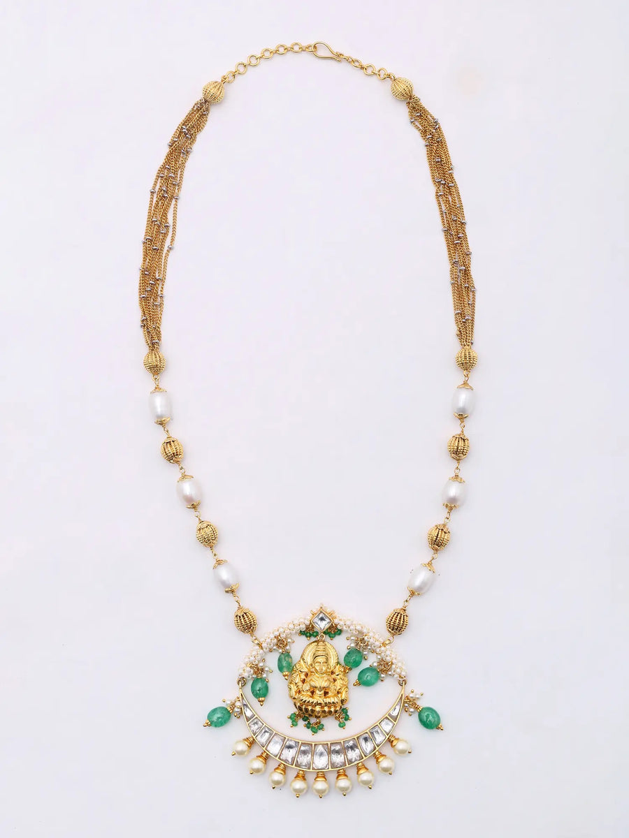 Goddess Lakshmi Temple Necklace with Pearl Drops in Sterling Silver
