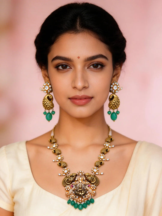 Polki Diamond Goddess Lakshmi Sterling Silver Necklace and Earrings Set