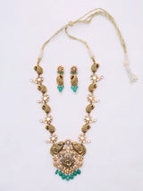 Polki Diamond Goddess Lakshmi Sterling Silver Necklace and Earrings Set
