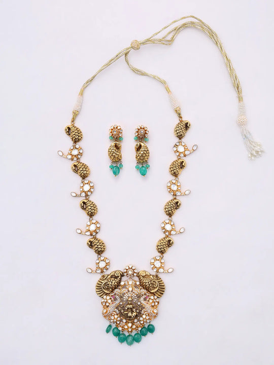 Polki Diamond Goddess Lakshmi Sterling Silver Necklace and Earrings Set