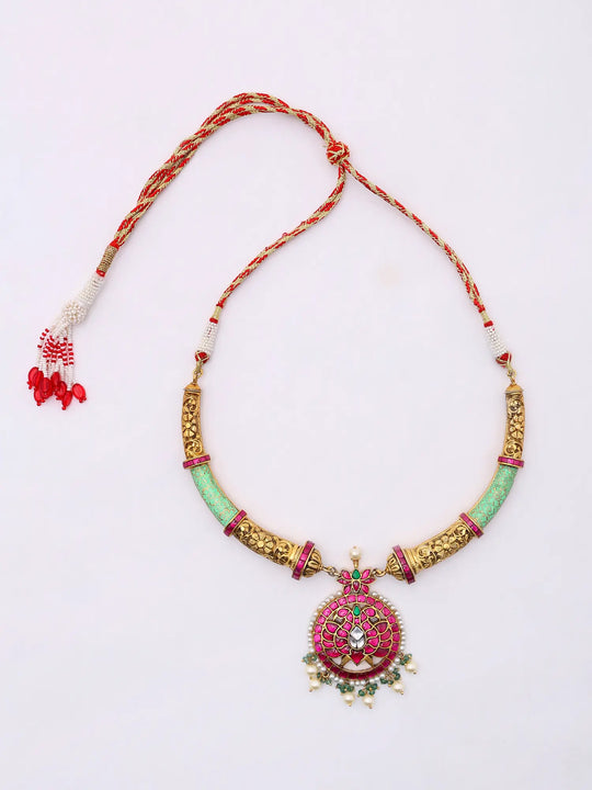 Floral Stone Studded Sterling Silver Hasli Necklace and Earrings Set