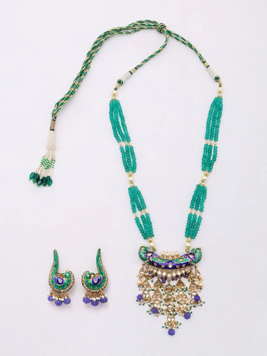 Kundan Peacock Sterling Silver Necklace and Earrings Set