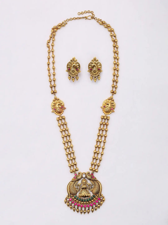 Goddess Lakshmi Temple Sterling Silver Necklace and Earrings Set