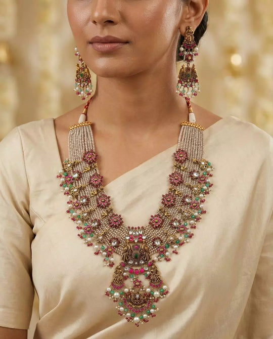 Floral Sterling Silver Necklace and Earring Set with Stones