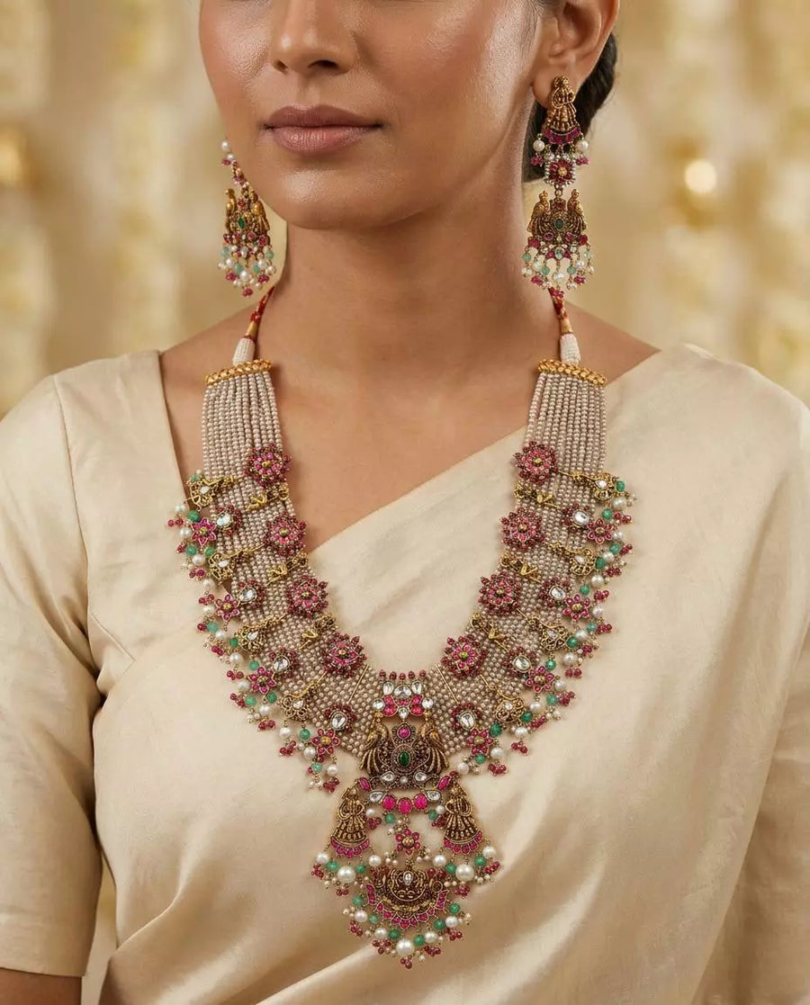 Floral Sterling Silver Necklace and Earring Set with Stones