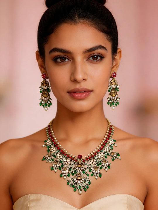 Goddess Lakshmi Moissanite Polki Kundan Temple Necklace Set