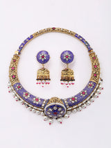 Meenakari Borla Hasli Choker and Earring Set in Sterling Silver