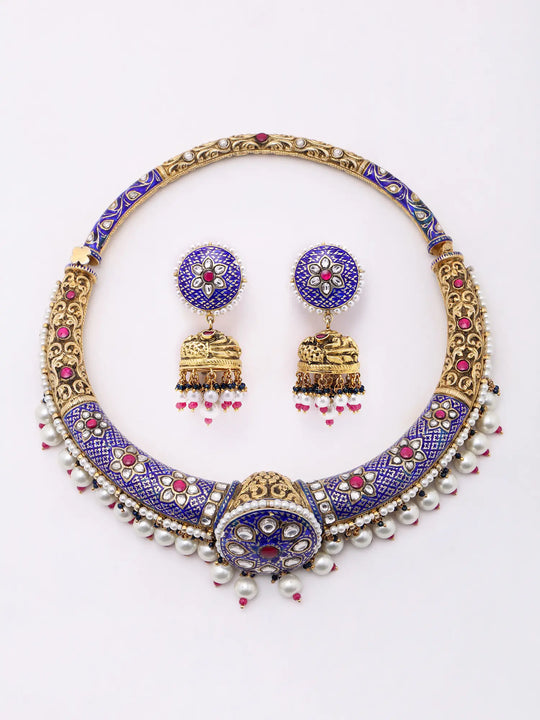 Meenakari Borla Hasli Choker and Earring Set in Sterling Silver
