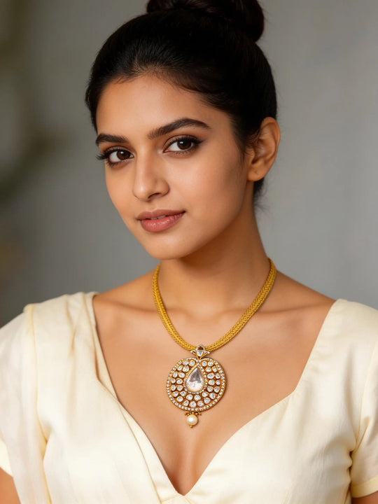 Polki Diamond and Sterling Silver Necklace with Semi Precious Stone