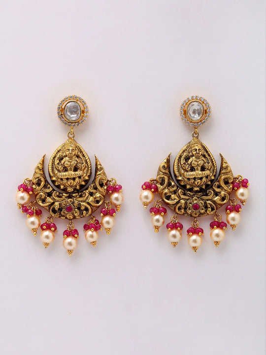 Goddess Lakshmi Temple Chandelier Earrings with Ruby and Pearl