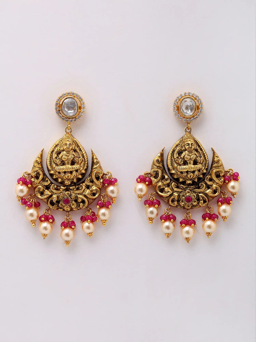 Goddess Lakshmi Temple Chandelier Earrings with Ruby and Pearl
