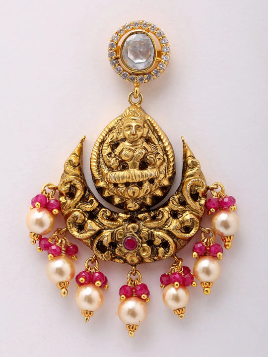 Goddess Lakshmi Temple Chandelier Earrings with Ruby and Pearl