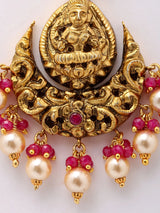Goddess Lakshmi Temple Chandelier Earrings with Ruby and Pearl