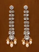Polki Diamond and Pearl Drop Long Earrings in Sterling Silver
