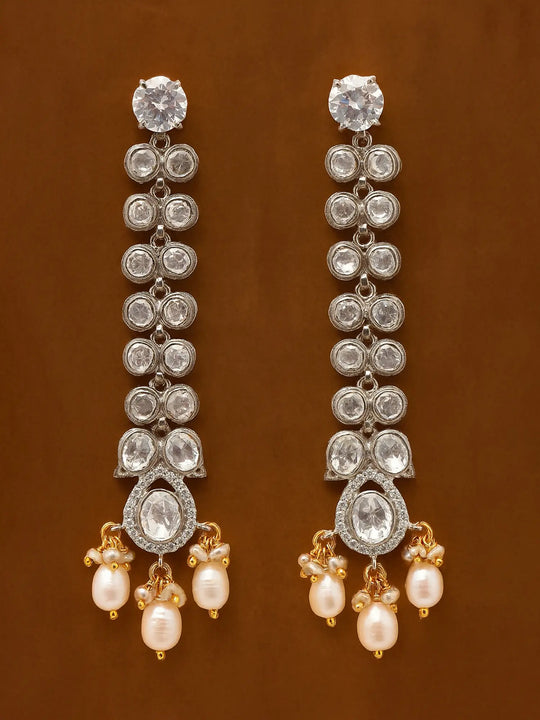 Polki Diamond and Pearl Drop Long Earrings in Sterling Silver