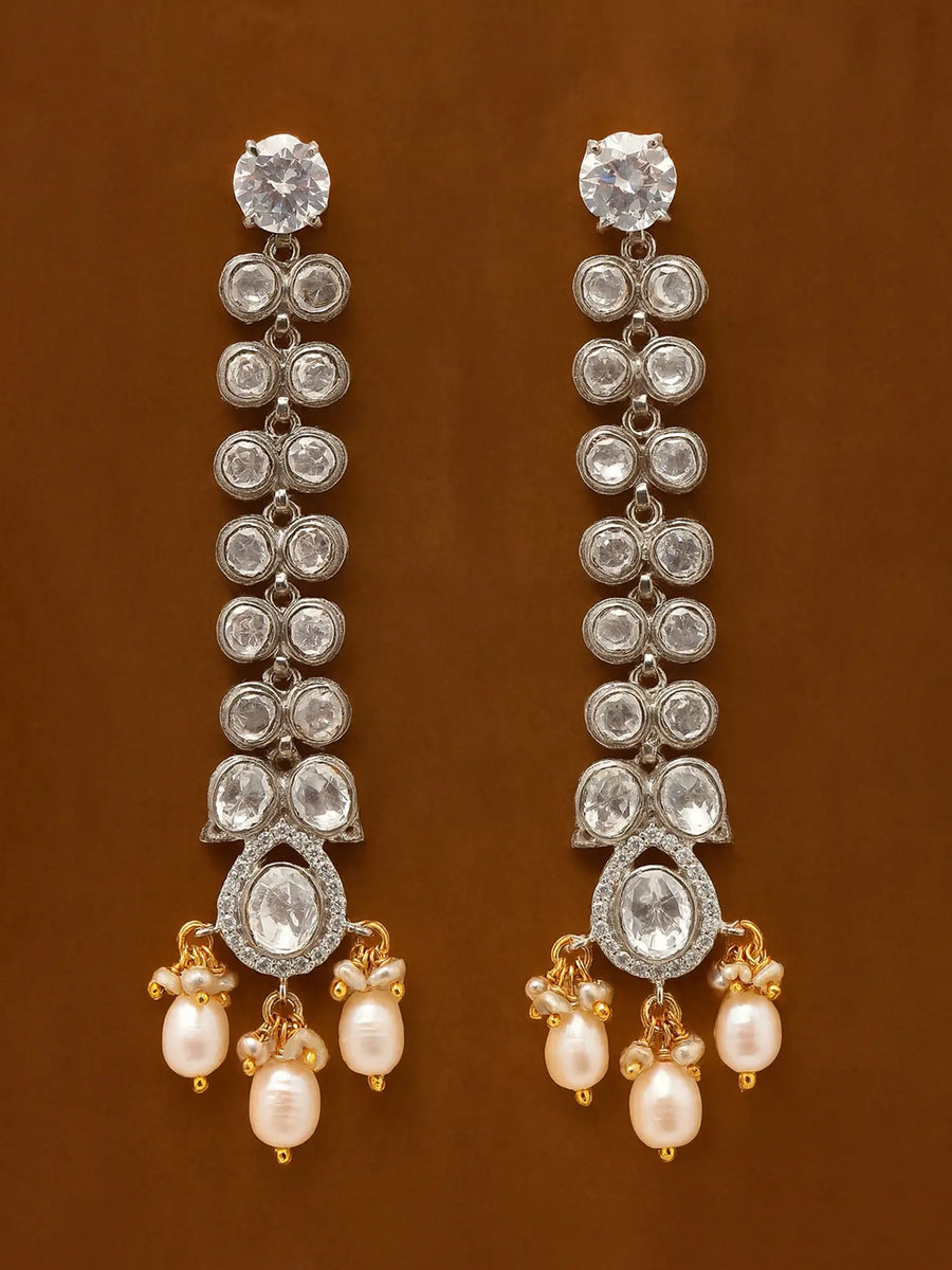 Polki Diamond and Pearl Drop Long Earrings in Sterling Silver